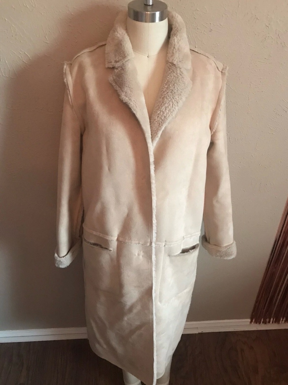 Anthropologie Elevenses Tan Suede Faux Fur Snap Button Coat Size 4 Small EUC